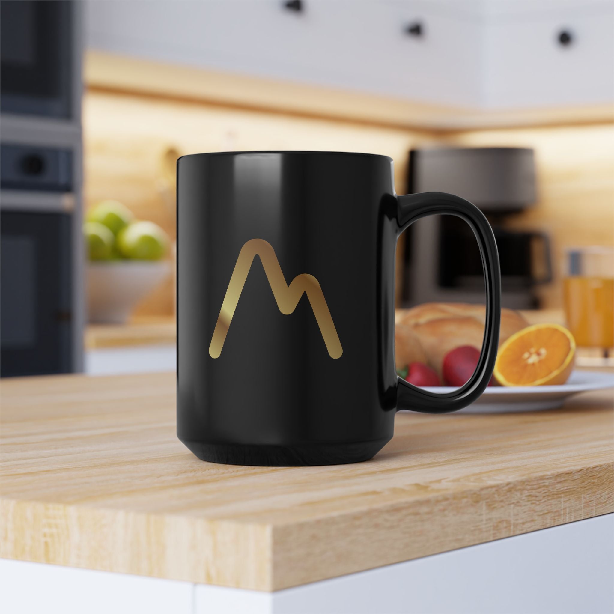 Black Ceramic Mug with Gold Mountain Logo – Elegant 11oz & 15oz Coffee Cup