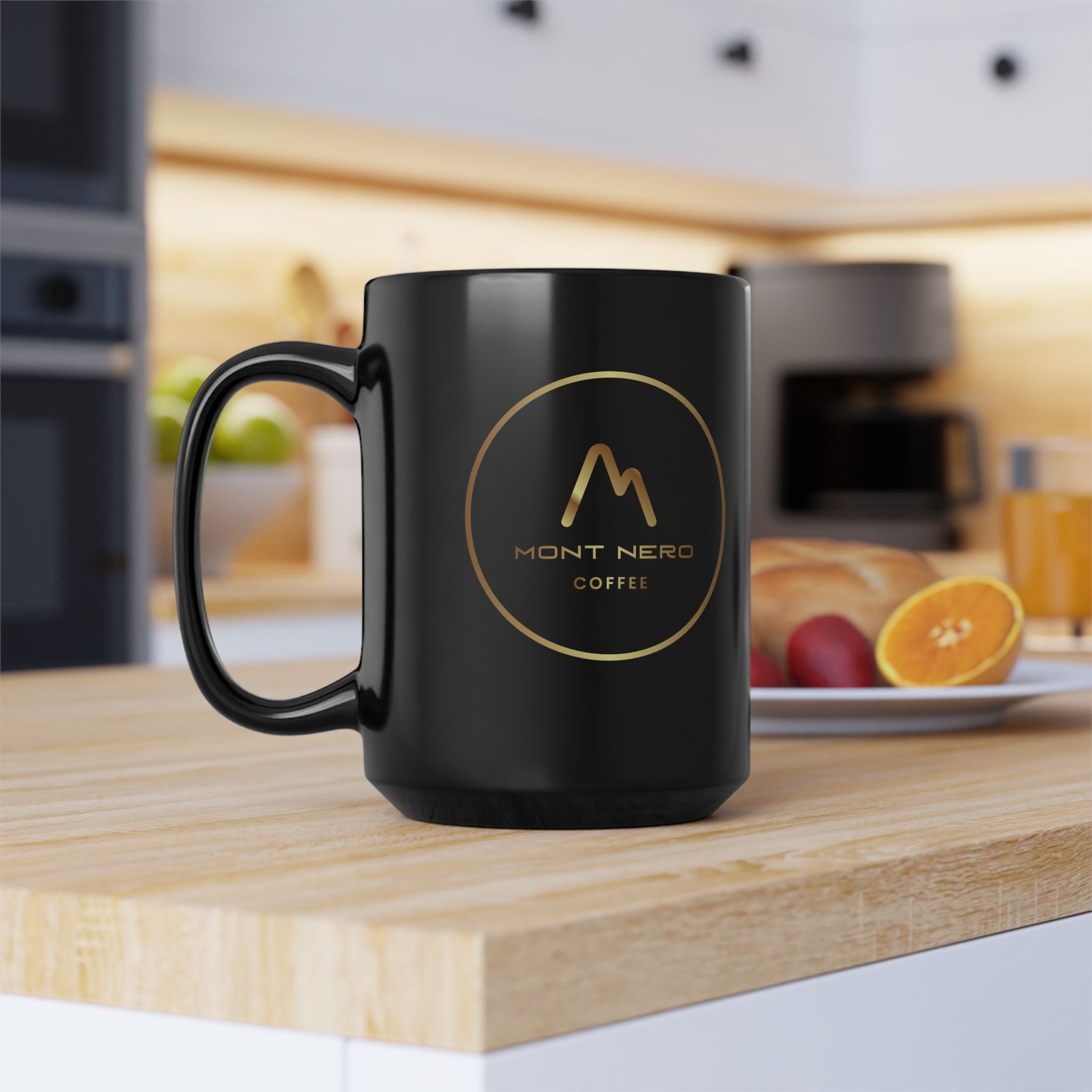 Black Ceramic Mug with Gold Mountain Logo – Elegant 11oz & 15oz Coffee Cup