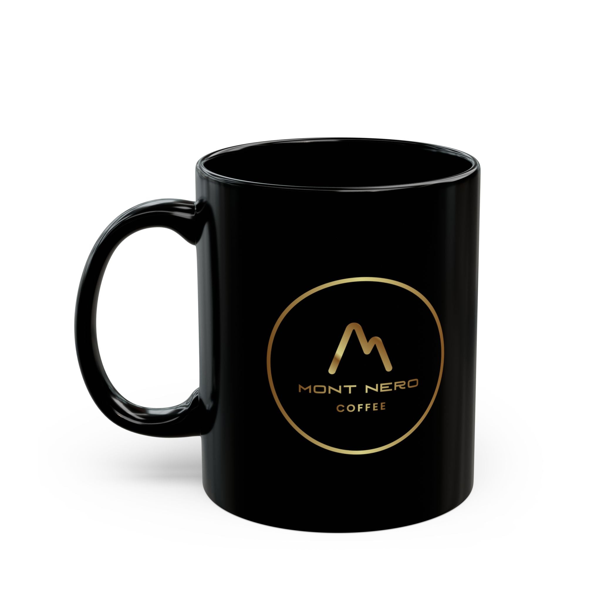 Black Ceramic Mug with Gold Mountain Logo – Elegant 11oz & 15oz Coffee Cup
