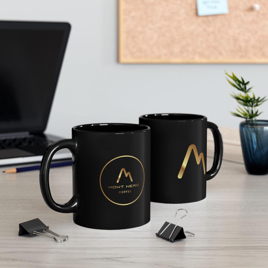 Black Ceramic Mug with Gold Mountain Logo – Elegant 11oz & 15oz Coffee Cup