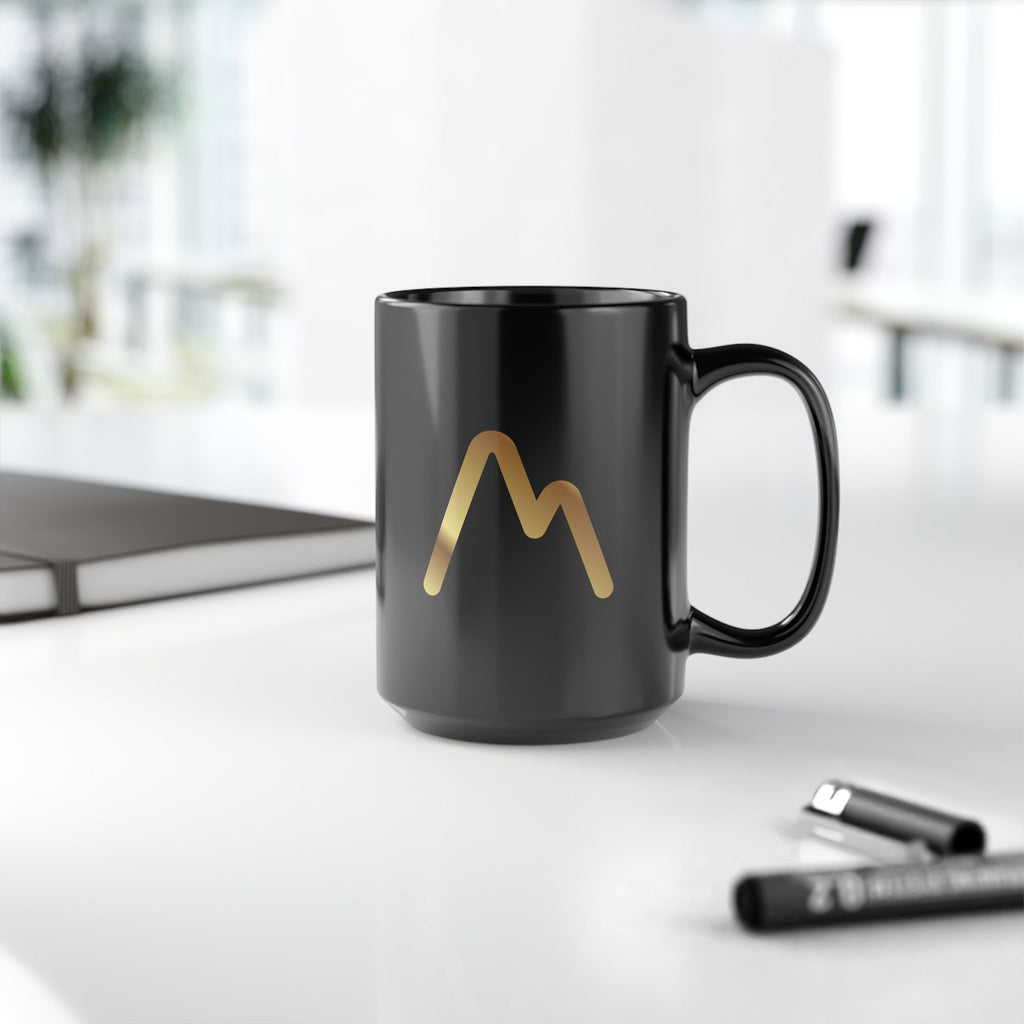 Black Ceramic Mug with Gold Mountain Logo – Elegant 11oz & 15oz Coffee Cup